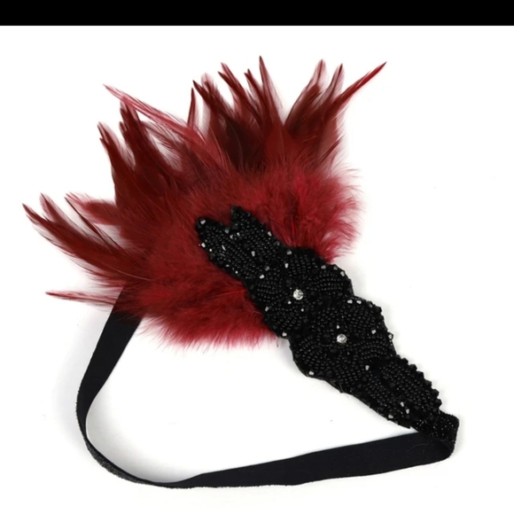 Rhinestones & Feather Headband New 1920's Style Black /Wine - Picture 6 of 7